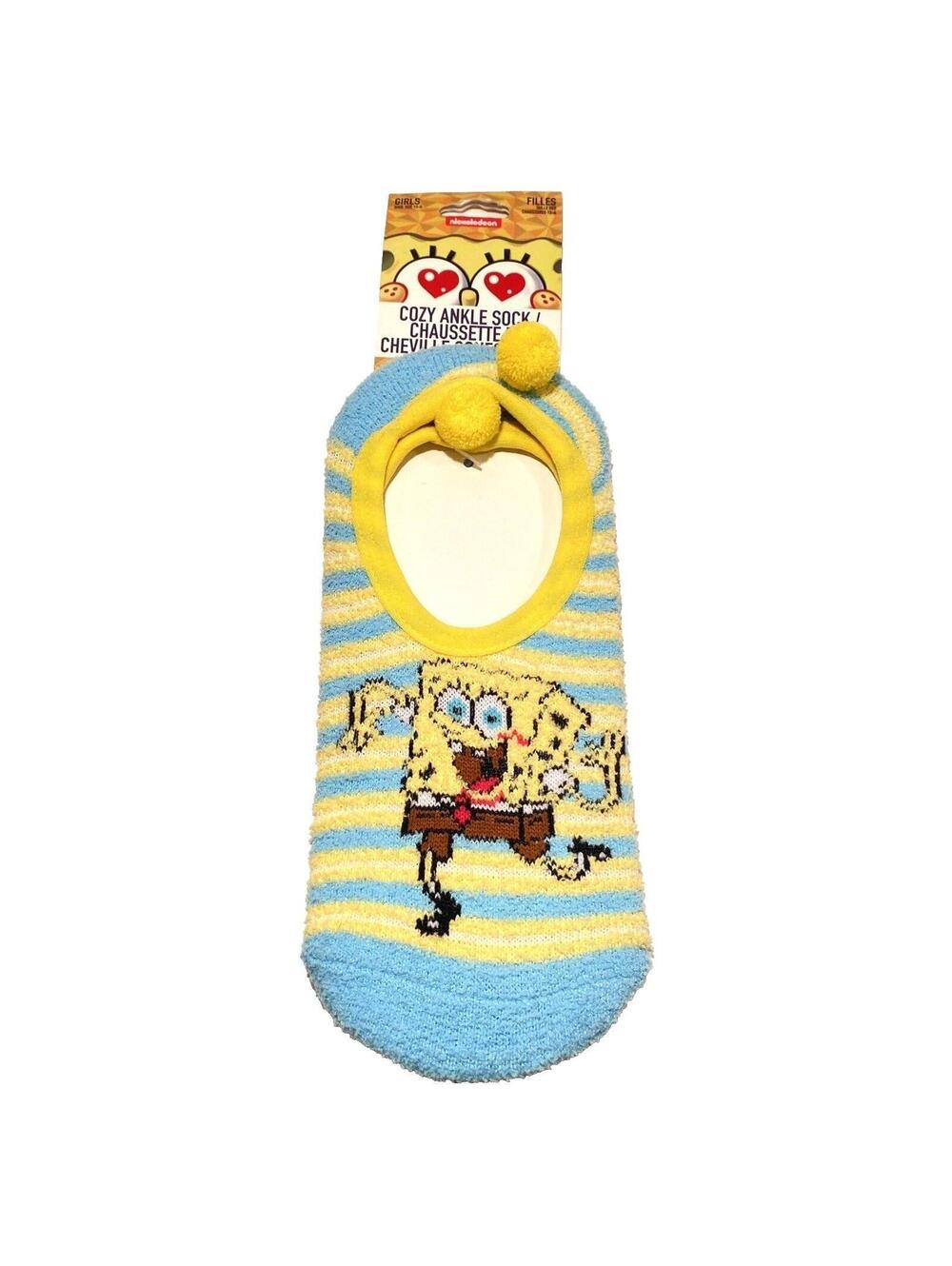 SpongeBob Fuzzy Ankle Socks Blue & Yellow Striped Cozy Nickelodeon New